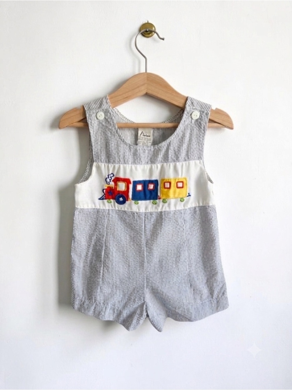 Vintage Baby Paris Seersucker Smocked Romper - Train Embroidery, 6-9 months